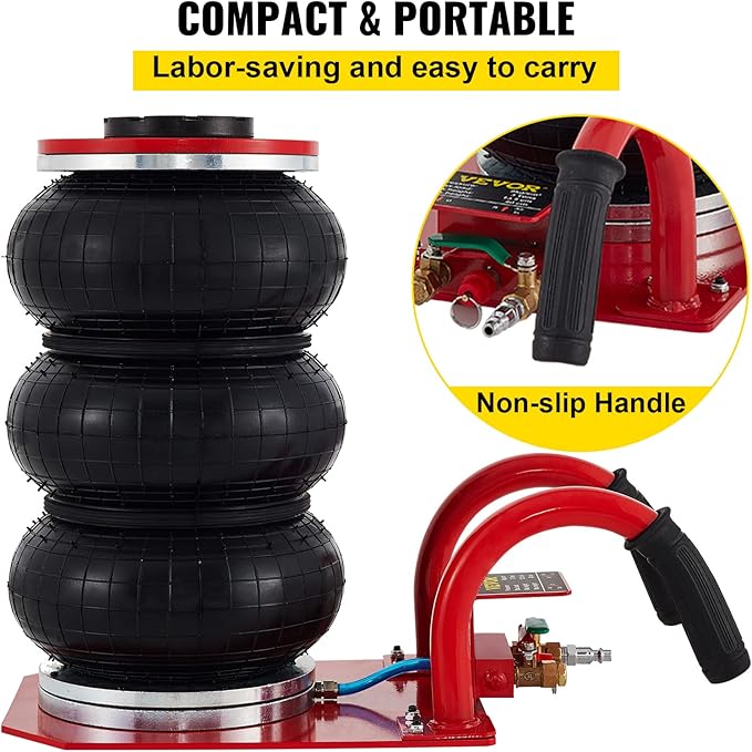 VEVOR Air Jack, 3 Ton/6600 lbs Triple Bag Air Jack, Air Bag Jack Lift Up to 15.75 Inch, 3-5S Fast Lifting Air Bag Jack for Cars with Short Handle (Red)