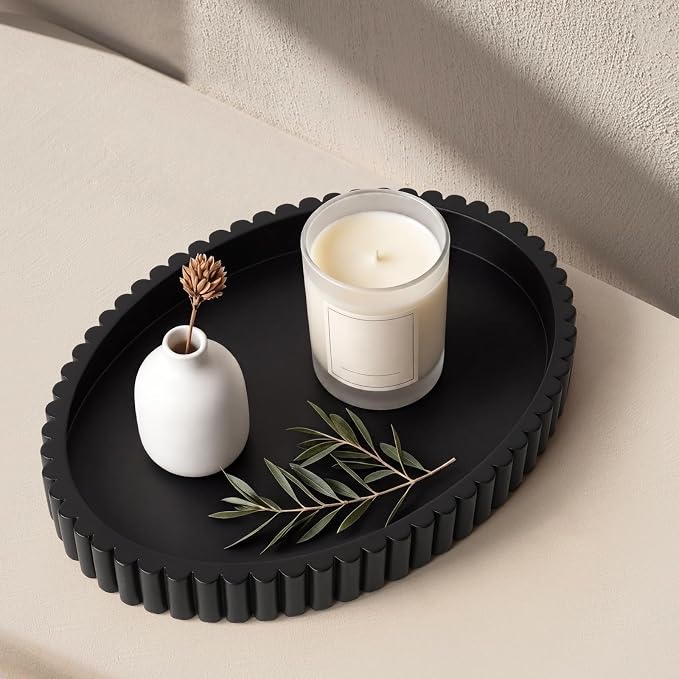 Oval Tray for Coffee Table Decor, 13" Concrete Tray, Table Centerpieces Decorative Trays for Home Decor, Modern Decorative Trays for Coffee Tables, Centerpiece Trays, Black