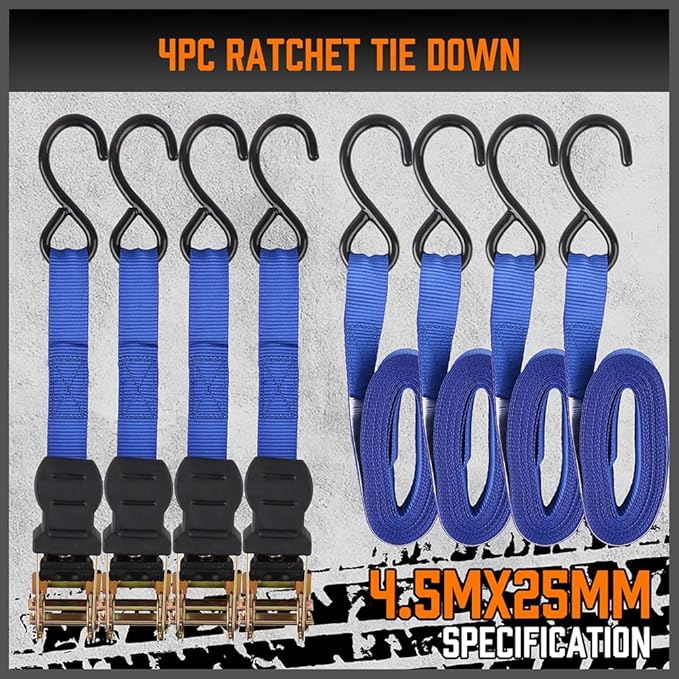 HORUSDY Ratchet Straps, 2,200 LB Break Strength, 4-Pack 15FT Ratchet Tie Down Straps Set for Motorcycle Straps Tie Downs, Appliances, Lawn Equipment, Cargo Straps for Trucks. (Blue)