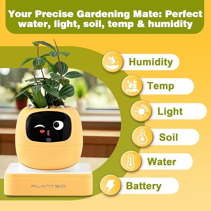 Upgraded AI Smart Flower Pot Multi-Emotion Interactive Digital Display Self Watering Planter Robot Flower Pot Supports 50+ Plants Decor for Desk Home Pet Office(Yellow)