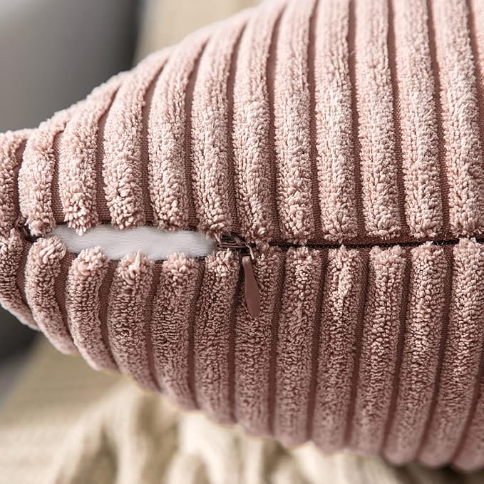 MIULEE Decorative Corduroy Throw Pillow Covers Set of 2 18x18 Blush Pink | Soft Striped Textured Cushion Cases, Boho Square Lovely Cute Pillowcases, Home Decor for Couch Chair Sofa Bed Living Room