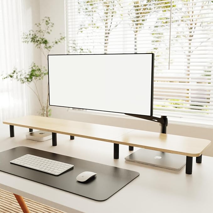 Large Extra Long Monitor Stand Riser 43.7in,Dual Monitor Riser, Wide TV Stand for 2 Monitors, Wood & Steel Leg Adjustable Height Desktop Riser, Home Office Organization. (Natural)