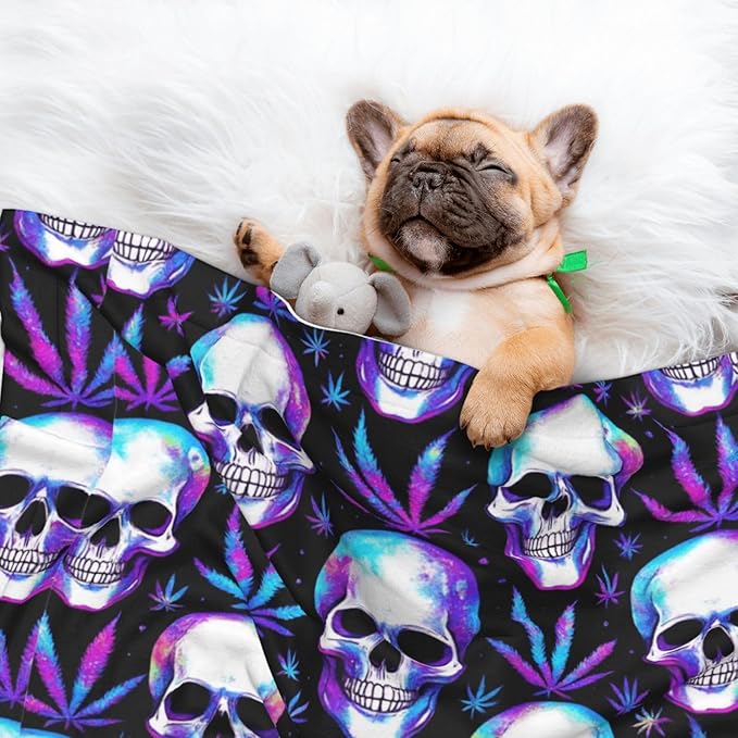 Reversible Plush Pet Blanket for Puppies Kittens, Blue Weedleaf Trippy Skull Crossbones Black, Double Sided Gentle Dot Texture for New Pets Adjusting to Home Environment Softly