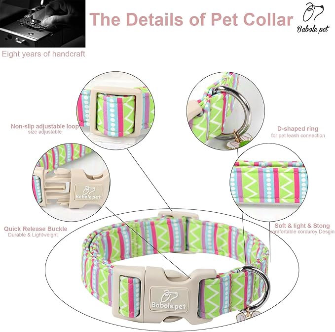 Easter Dog Collar for Large Dogs - Brightly Colored Stripe Easter Collars for Boy Girl Dogs, Adjustable Spring Holiday Pet Collars with Quick Release Buckle L