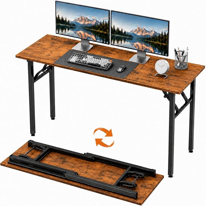 Folding Table Computer Desk - 55.1" No Assembly Folding Desk Design and Foldable Office Desk, Small Desk for Bedroom, Compact Storage Portable Use for Dorm and RV Small Space, Rustic Brown