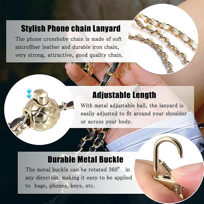 Phone Crossbody Chain Cell Phone Lanyard,Universal Leather+Metal Shouder Strap with Phone Tether Patches (H)