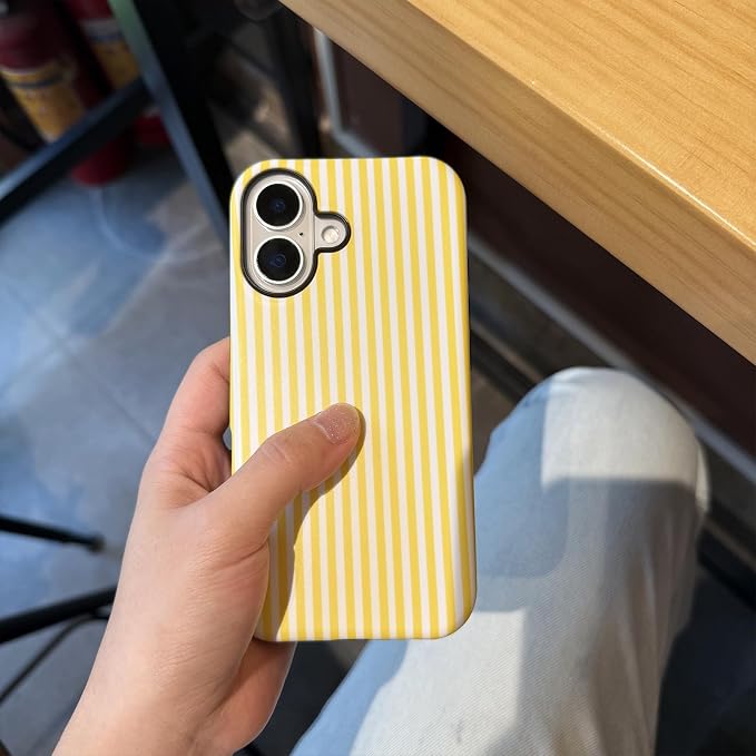 for iPhone 16 Case Striped Cute Aesthetics Phone Case Trendy Protective Shockproof Cover for iPhone 16 Yellow White