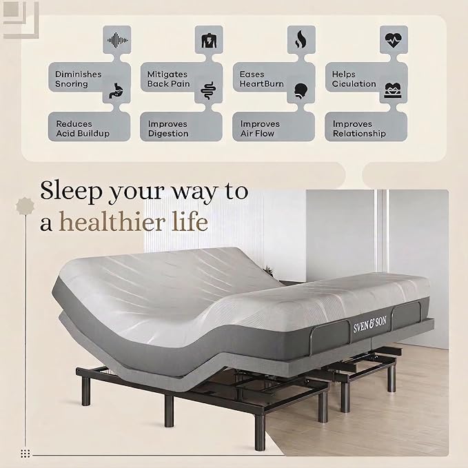 Sven & Son Harmony Adjustable Bed Base, Head and Foot Lift, Massage, Under-Bed Lights, USB, Gel Memory, Zero Gravity Smart Frame - King + 14 inch Hybrid Spring Matt (Medium Soft)