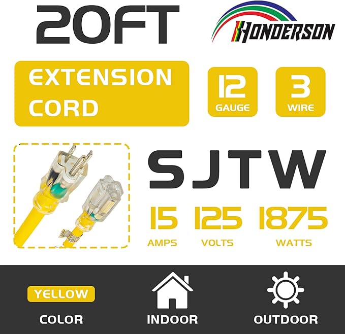 Indoor Outdoor Extension Cord Weatherproof with Lighted End, UL Listed, 12 Gauge 20FT Yellow 3 Prong Heavy Duty, 12/3 SJTW 15A Power Cord for Outdoor Lights, Lawn