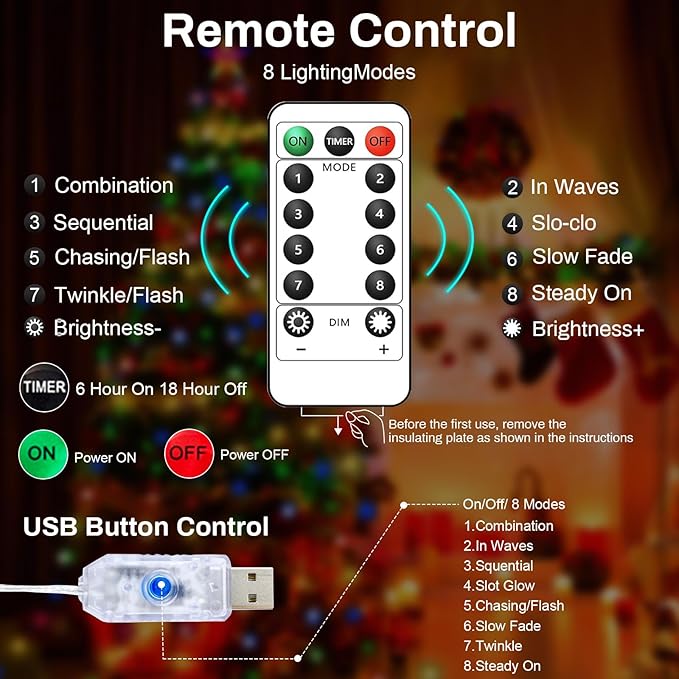 50LED Fairy Lights USB & Battery Powered, 16Ft Mutilcolor Fairy String Lights with 8 Modes & Timer, Cuttable Copper Wire Waterproof Twinkle Light Indoor Outdoor for Bedroom Wedding Christmas Decor