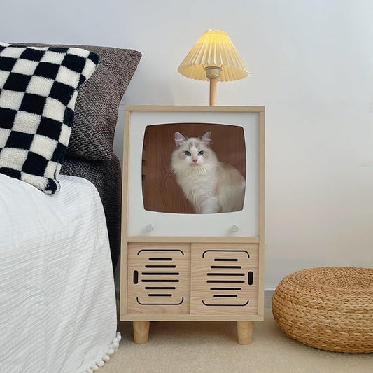Cat House Side Table, 2-in-1 Wooden Cat House and Bedside Table with Scratching Board - Large Retro TV-Style Two-Tier Indoor Cat Activity Center, Suitable for Indoor Use, Bedside. (Oaken, O)