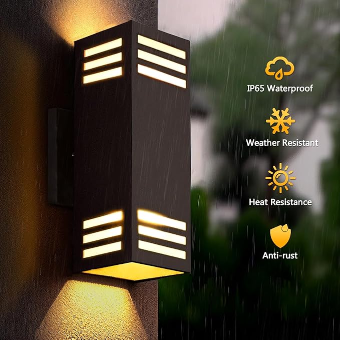 wowlite Outdoor Wall Lights Dusk to Dawn 2 Pack, Modern Porch Lights Outdoor Wall Sconce Square, Bronze Up and Down Lights, Waterproof Exterior Light Fixture for House Garage Patio, ETL Listed