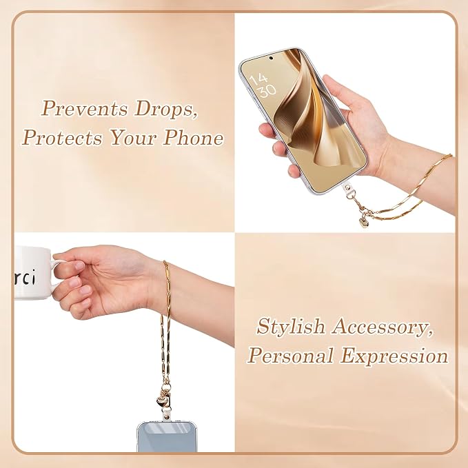 AULEEP Phone Chain Wristlet Gold Phone Charm Wrist Strap,Universal Metal Phone Wristlet with Clear Tether Tab,Anti Theft Phone Strap for Shopping Traveling Party