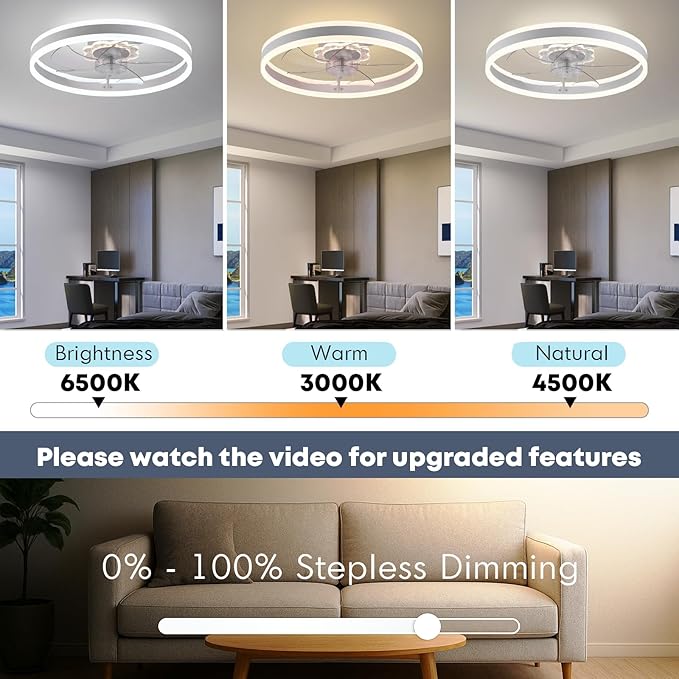 23.6'' Ceiling Fan with Light, Upgraded Low Profile Fan, Flush Mount Ceiling Fan, 6 Speeds, Dimmable LED, App & Remote Control, Quiet DC Motor, for Bedroom, Living Room, F105 White