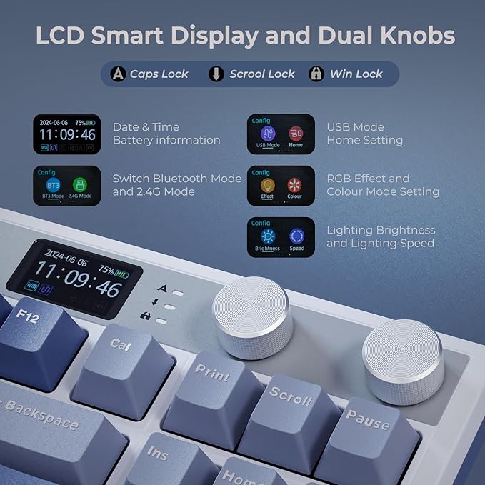 RK ROYAL KLUDGE M87 Wireless Gaming Keyboard with Screen & Dual Knobs, Blue | Bluetooth/2.4G/Wired, Hot Swappable Cream Switches, 5-Layer Noise Dampening Gasket Structure,Compact 75% Size for PC/WIN/Mac