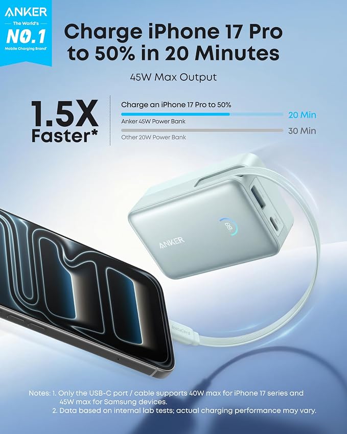 Anker Nano Power Bank, 45W 10,000mAh Portable Charger, iPhone Battery Pack | Built-In Retractable USB-C Cable, for iPhone 17 / 16 Series, iPad, Galaxy, Pixel, and More, Compact Travel Design