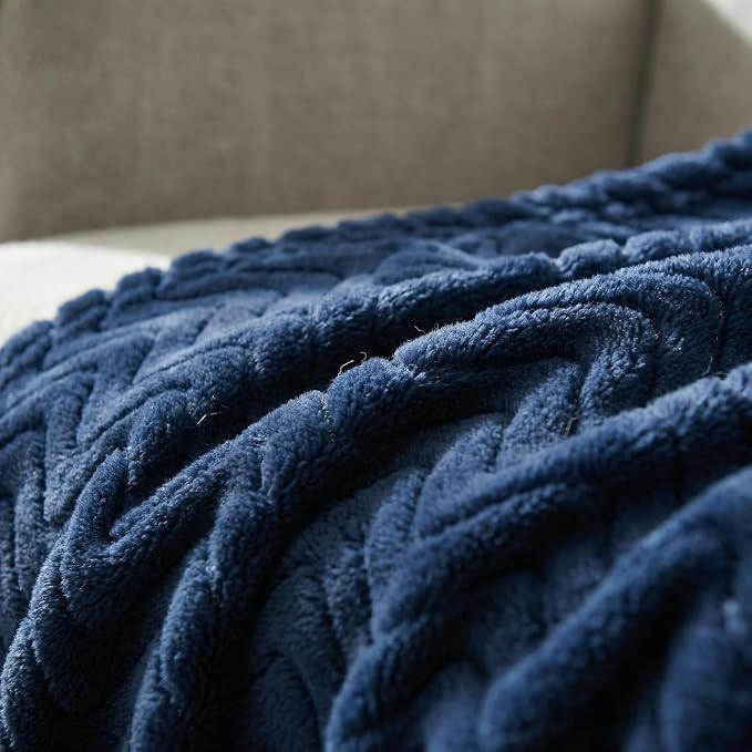 Exclusivo Mezcla Soft Fleece Blanket King Size, Cozy Lightweight Blankets with Decorative Wave Textured Suitable for All Season Use, Navy Blue, 90x104 Inches | 90"x104" Breathable Lightweight Flannel Blanket for Summer, Plush Cozy Jacquard Wave for Hom...