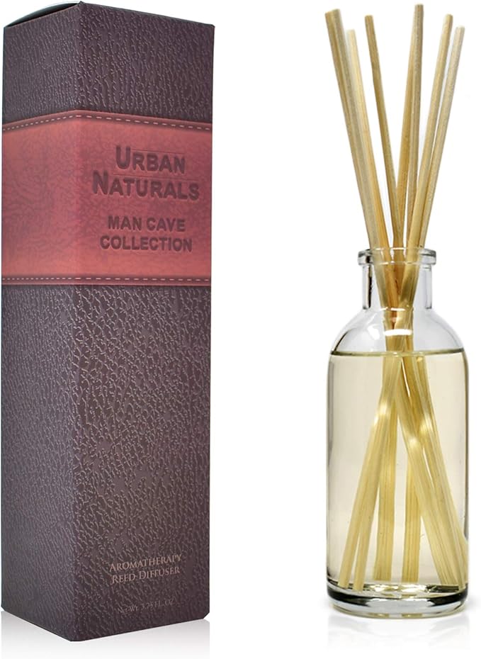 Urban Naturals Leather Mahogany Reed Diffuser Oil Set with Reed Sticks – Masculine Blend of Smoky Bergamot, Leather, Spice, Amber and Wood - Made in The USA