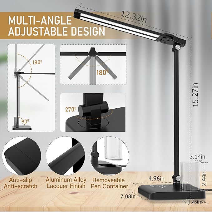 Dimmable LED Desk Lamp with USB Charging Port, 50 Lighting Modes Dual Swing Arm Architect Table Lamp Light Desk Lamp for Home Office Dorm Piano Nail