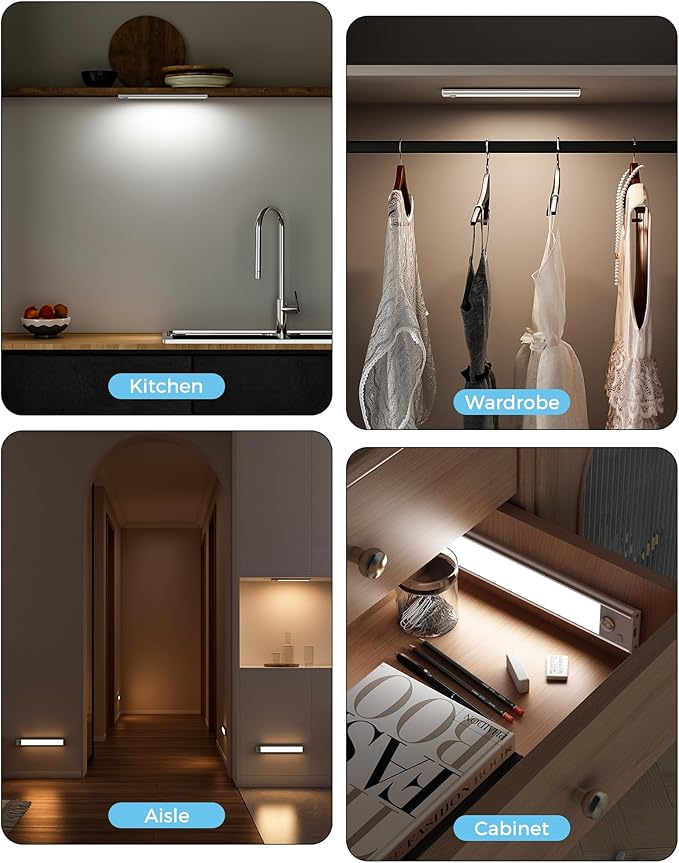 ASOKO Under Cabinet Lights Motion Sensor Light Indoor 2500mAh Rechargeable LED Closet Lights Battery Operated Under Counter Lights for Kitchen Cabinet Lighting Wireless(White,3Pack-12inch)