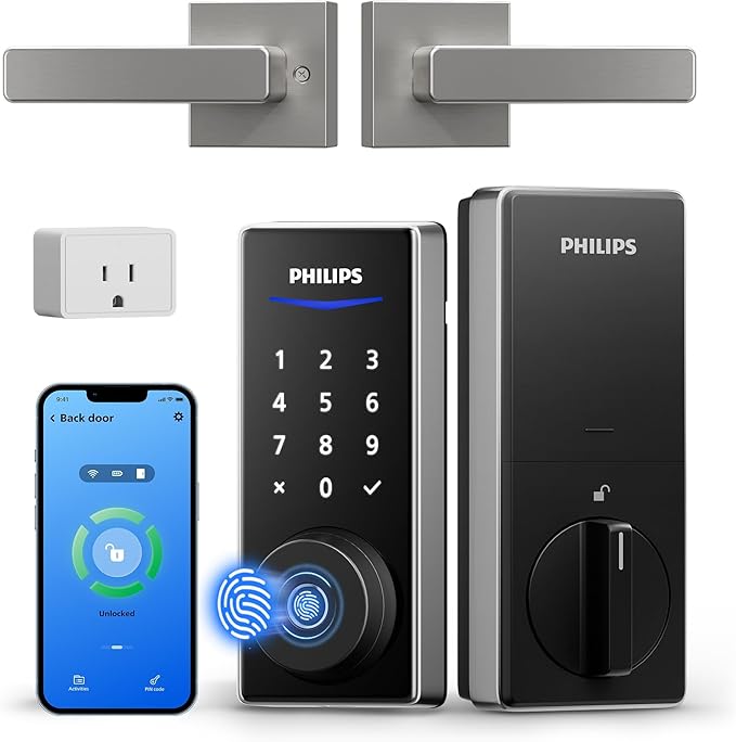 Philips WiFi Smart Lock with Handle, Fingerprint Keyless Entry Door Lock with WiFi Bridge, Smart Locks for Front Door with Handle Set, APP Remote Control, Work with Alexa&Google Assistant, Auto-Lock