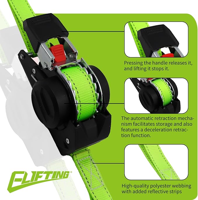 Retractable Ratchet Straps (2-Pack) 1 Inch x 10 Feet Auto Self Retracting Tie Down Straps (1650lbs Break Strength) Reflective Safety Stitching for Motorcycle ATV UTV Truck Trailer - Green