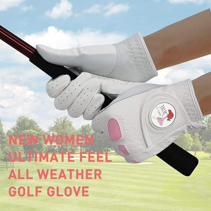 Women Golf Gloves Premium Leather with Magnetic Ball Marker Left Right Hand 1 Pack, Extra Grip for Ladies Comfortable Durable Size Small Medium Large