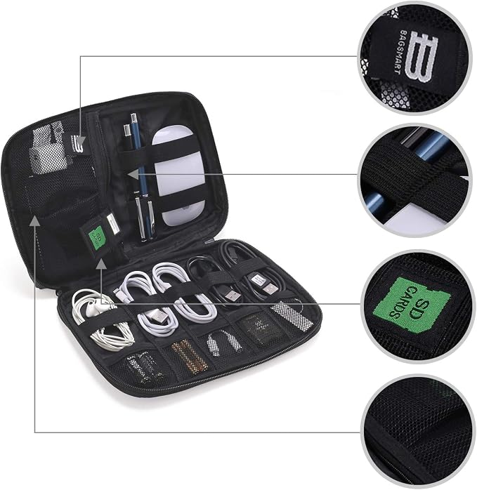 BAGSMART Electronics Organizer Travel Case, Small Cord Bag for Travel Essentials, Tech bag for Men Women, Cable Organizer for Phone, SD Card, Grey
