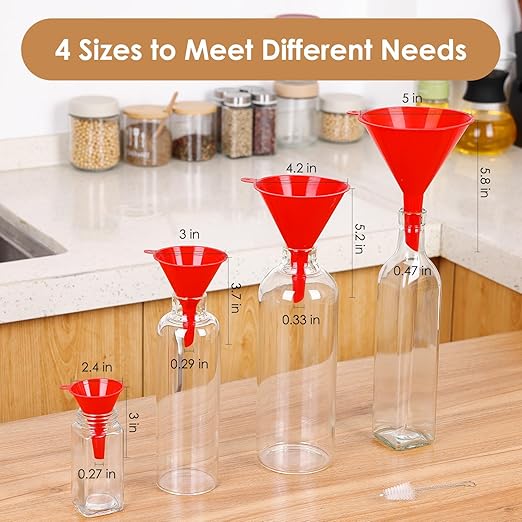 4 PCS Plastic Kitchen Funnel Set with Clean Brush, Food Grade Funnel for Kitchen Use Filling Bottles, Liquid, Protein Powder, Multifunctional Funnels for Cooking, Lab and Automotive Use