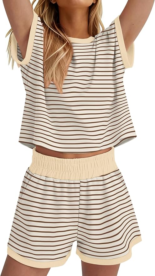 WIHOLL Two Piece Sets for Women Summer Lounge Short Sets Cap Sleeve Crew Neck Sweatsuit with Pocket XS-2XL