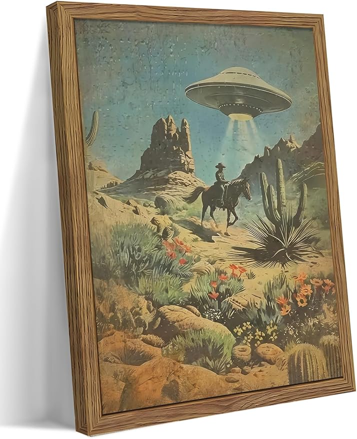 Framed Vintage Intergalactic Western Canvas Wall Art, Alien UFO Abducting Cowboy, Desert Cactus and Flowers Wall Decor, Retro Sci-Fi Poster for Living Room Bedroom – Dark Wooden Frame 12x16in
