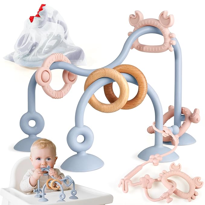 Baby Teething Relief Sensory Toys - Silicone Teether Tactile Developmental Toys for Babies, High Chair Suction Cup Toys, Montessori Activity Toy for Airplane Travel, Table, Highchair Tray
