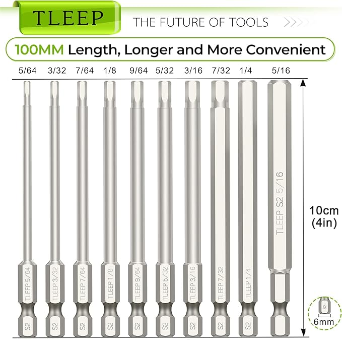20 x 1/4 Inch Hex Head Allen Wrench Drill Bits 100MM Long, SAE 5/16” to 5/64” & Metric 12mm to 1.5mm, S2 Steel Magnetic Tips Screwdriver Socket Bit Set for Ikea Type Furniture, Silver