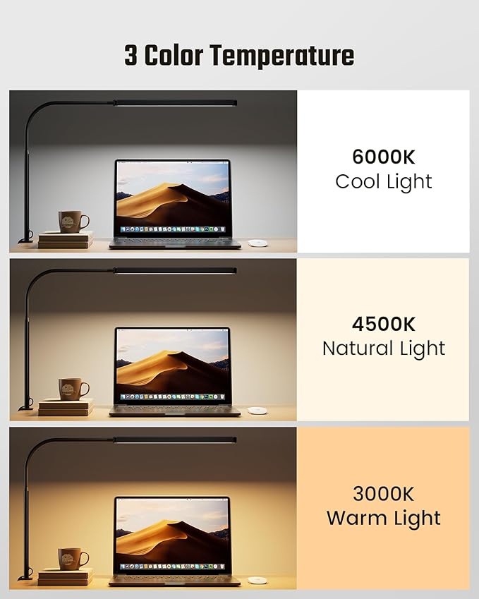 SUPERDANNY Eye-Caring LED Desk Lamp 360° Flexible Gooseneck Work Lamp with Desk Side Clamp Touch Control 3 Light Colors Smooth Dimming Task Lighting Reading Light for Home Office College Dorm, Black