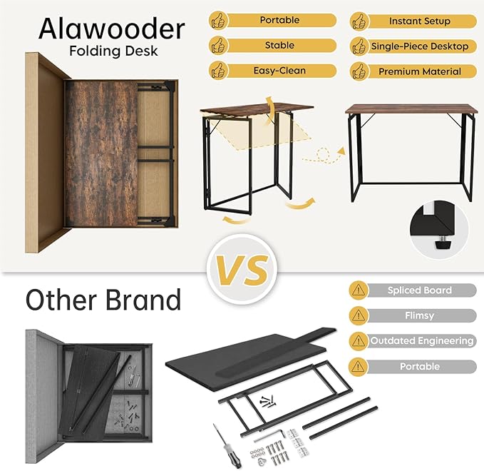 alawooder 31.5" Folding Desk: No Assembly, Wood Top for Small Spaces | Home office desk, holds 150 lbs, folds flat to 2.3 in, splash-proof wood top, sturdy metal frame