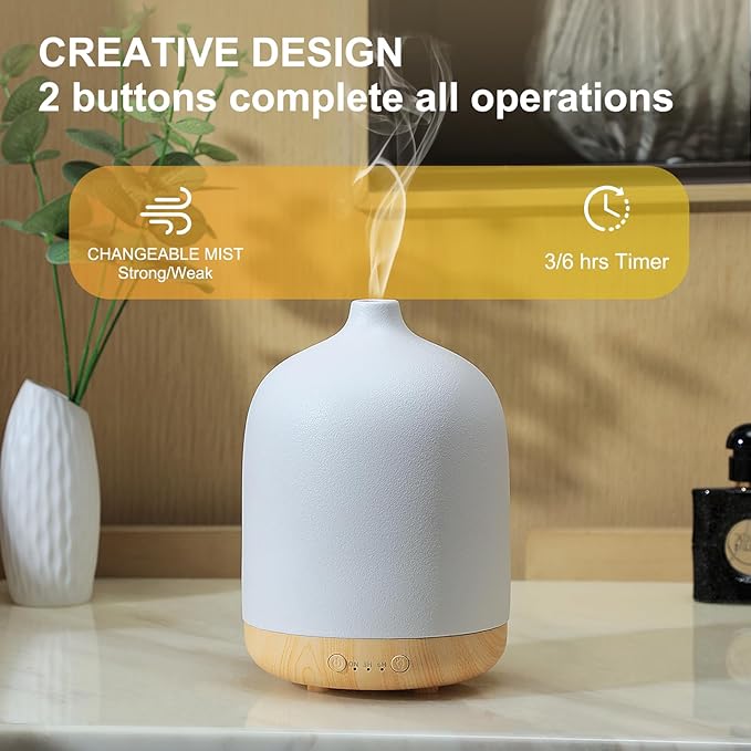 Ceramic Essential Oil Diffusers for Home, Decorative Bedroom Aromatherapy Scent Air Diffuser Ultrasonic Aroma Defusers 250ml with Timed-White