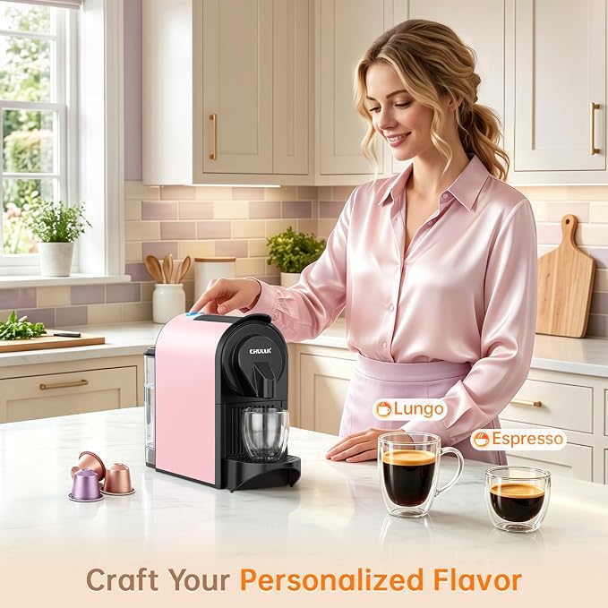 CHULUX Bafè-Pro Compact Espresso Machine 20 Bar for Nes Original Pods, Pink | 1400W Rapid Heating, Espresso Lungo Buttons, Used Capsule Drawer, Auto-Eject System, 24oz Removable Reservoir, Mini Footprint