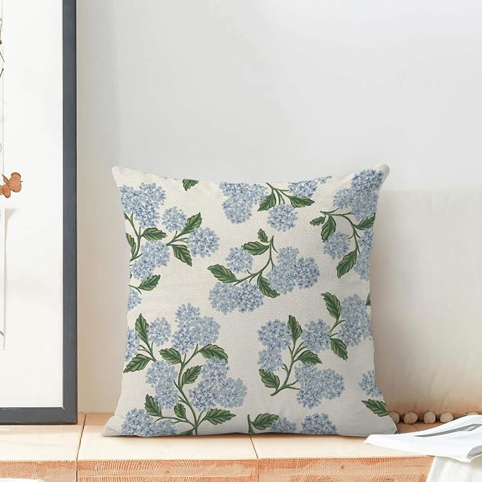 AEIOAE Spring Pillow Covers 18x18 Inch Set of 2, Green Blue Hydrangea Flower Throw Pillows Case,Floral Summer Outdoor Seasonal Decorative Farmhouse Decor Cushion Covers for Home Sofa Bed Couch