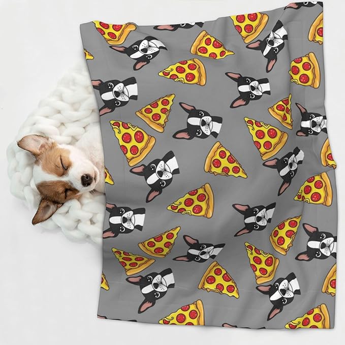 Double Sided Pet Mat for Dog Bed Topper Cat Blanket Furniture Protector, Grey Boston Terrier Dog Pizza, Reversible Plush with Tactile Dot Pattern for Style Change