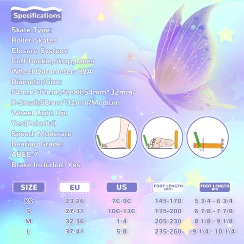 Kids Roller Skates for Girls Boys - Purple for Big Kids Age 7 8 9 10 - Adjustable All Light up Wheels Butterfly and Flower Indoor Outdoor Sports Birthday Gift for Son and Grandson