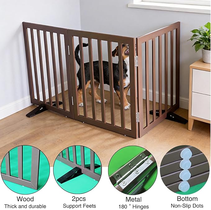 ZJSF Freestanding Indoor Dog Gate for House Foldable Wood Puppy Gate for Doorways Pet Gate for Stairs Extra Wide Pet Fence, Brown, 24" Height 3 Panels