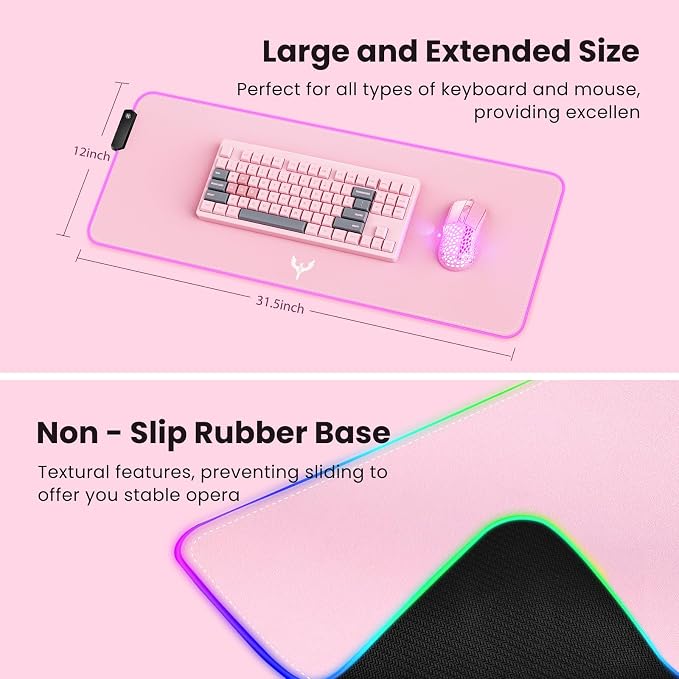 BladeHawks RGB Gaming Mouse Pad Extra Large Extended 31.5x12 Inch-Pink | LED mouse pad with 14 lighting modes, covers keyboard & mouse, anti-slip rubber base, waterproof surface, USB powered