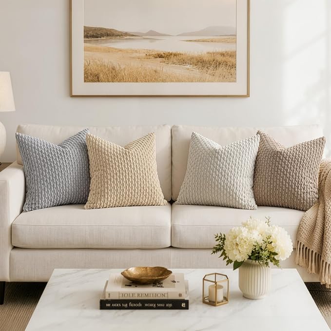 MIULEE Decorative Throw Pillow Covers 16x16 Light Grey Textured Corduroy | Pack of 2 Striped Pillow Covers Modern Farmhouse Home Decor for Couch Bed Sofa Living Room