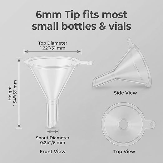 Mini Funnels Set, Small Clear Plastic Funnel with 6mm Narrow Spout for Filling Tiny Bottles, Essential Oils, Perfume, Capsules, Powder, Spices, Sand Art & Lab – Food Grade Heat Resistant (12, mini)