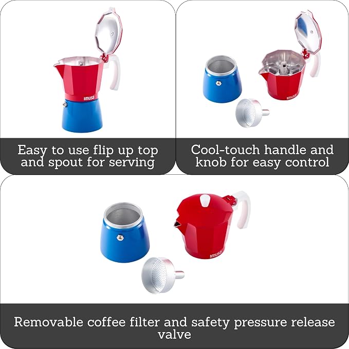IMUSA 6 Cup Caribbean Cast Aluminum Stovetop Coffee Maker | Bare Cast Aluminum Finish, Soft-Touch White Handle, Ideal for Moka Drinks, Great for Family