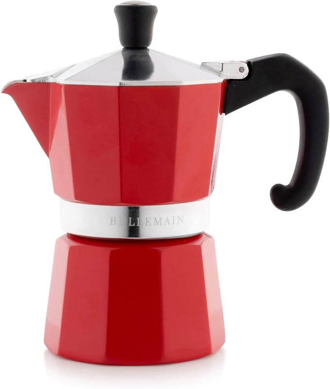 Bellemain Stovetop Espresso Maker, Italian Moka Pot, 3-Cup Red | Classic aluminum design brews rich espresso at home or camping, with an easy-to-use and easy-to-clean design.