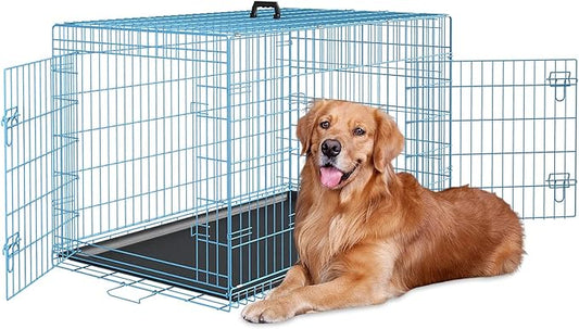48 Inch Heavy Duty Dog Crate Double Door Folding Metal Dog Cage Dog Crates for Large Dogs Outdoor Indoor Includes Divider Panel and Leak-Proof Tray,Blue