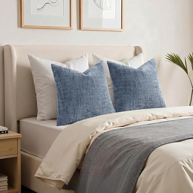 decorUhome Textured Chenille Throw Pillow Covers 22x22 Set of 2 Grey Blue | Fall Modern Farmhouse Soft Cozy Slubby Couch Pillow Cases Boho Decorative Pillow Cases for Bed Sofa Living Room Home Decor
