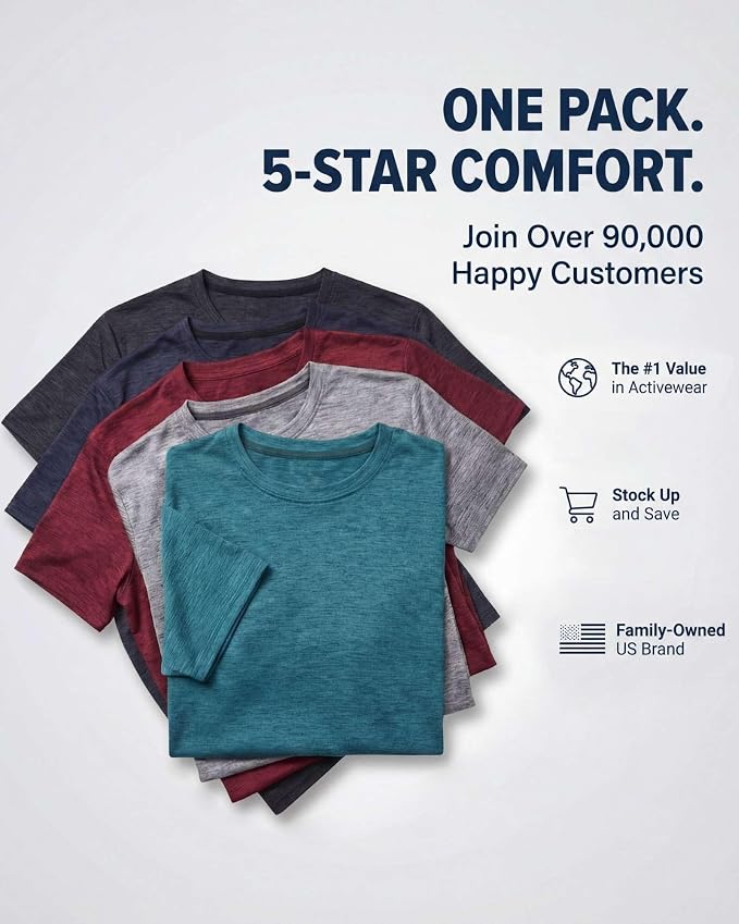 5 Pack Men's Dry Fit Short Sleeve T-Shirt Gym Workout Athletic Running Tee | Cooling, Moisture-Wicking, Crew Neck, Quick-Dry, Breathable, Active, Exercise, Fitness, Basketball, Cycling, Hiking, Tennis