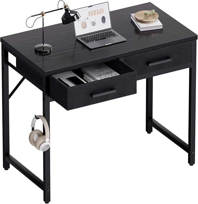 Pamray 32 Inch Small Computer Desk with 2 Drawers for Bedroom Study Writing Home Office Table for Small Spaces Black